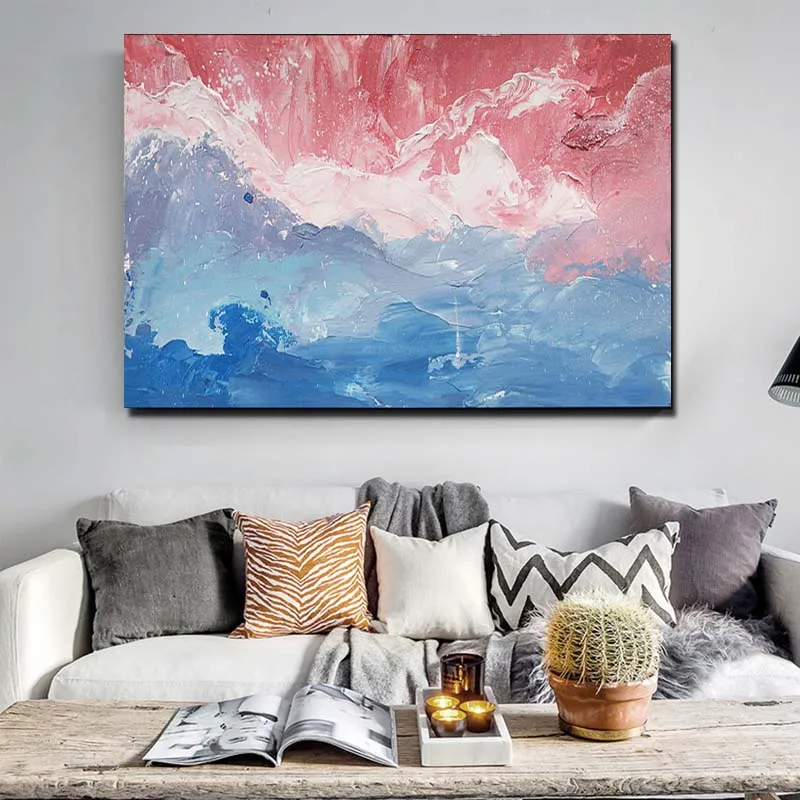 

Hand Painted Abstract Miexed Blue and Pink Color Post Art Canvas Oil Painting Living Room Home Wall Art Decoration Drop Shipping