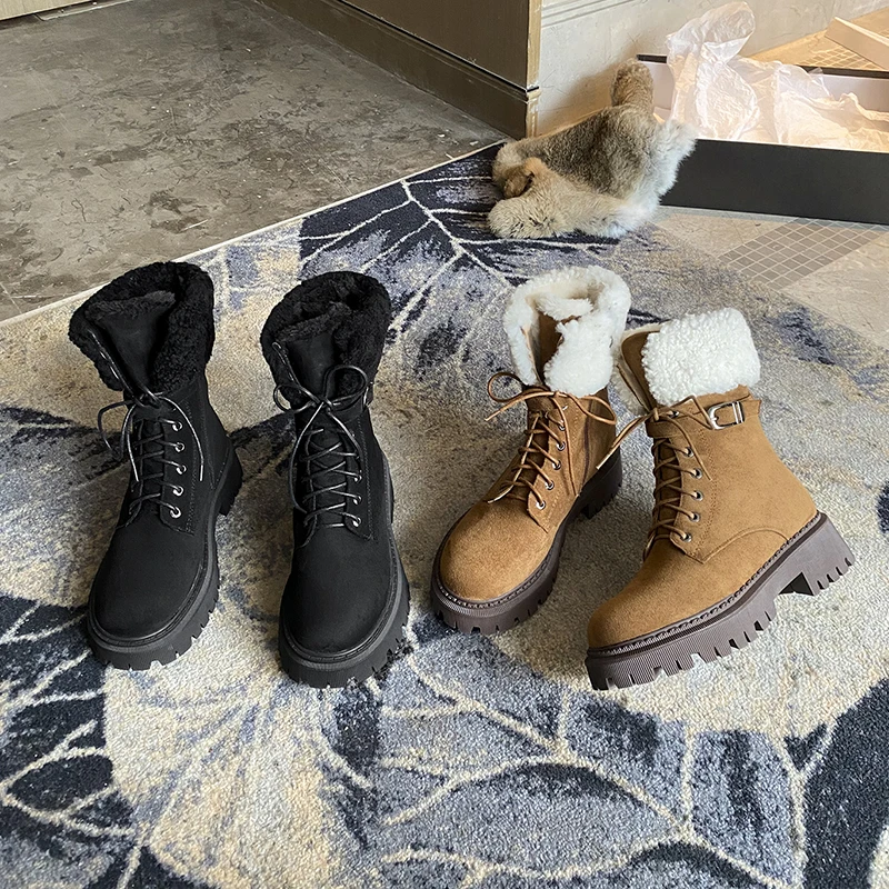 

TAOFFEN Women Snow Boots Cow Leather Fashion Platform Warm Fur High Heel Winter Shoes Woman Zipper Plush Footwear Size 34-40