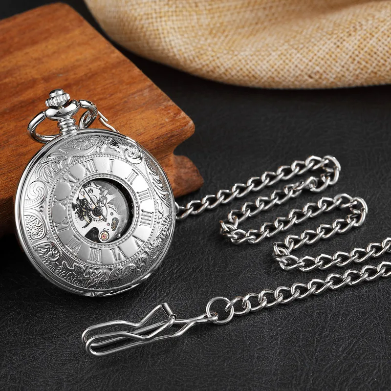 

Vintage Silver Mechanical Men's Women Watches Double Face Roman Dial Clock Hand Wind Steampunk Pocket Watch With FOB Chain Gift