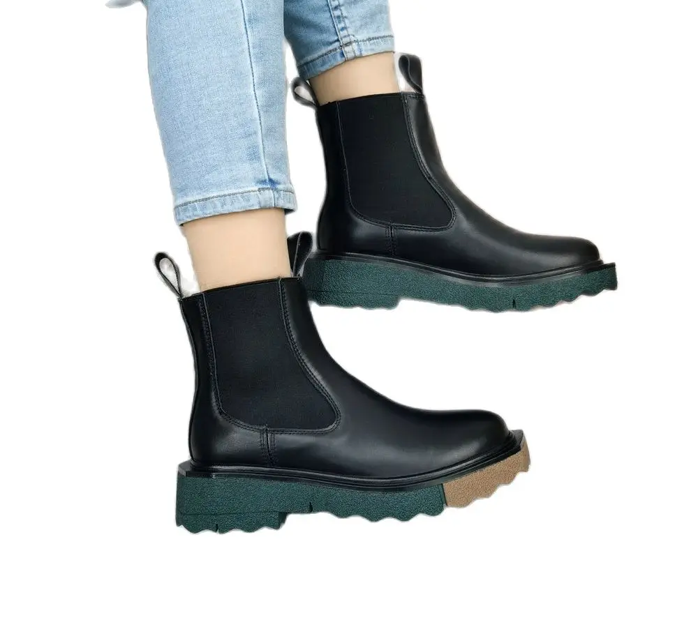 

2022 INS Fashion Ankle Boots Slip On Cow Leather Autumn Women Shoes Round Toe Square Med Heel Winter Short Boots 34-40