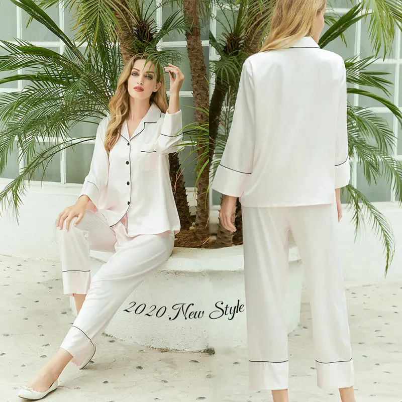 Satin Long pajamas set Silk Satin Pajamas Set Two-Piece Pj Sets Sleepwear Loungewear Button-Down Pj Sets pajamas for women