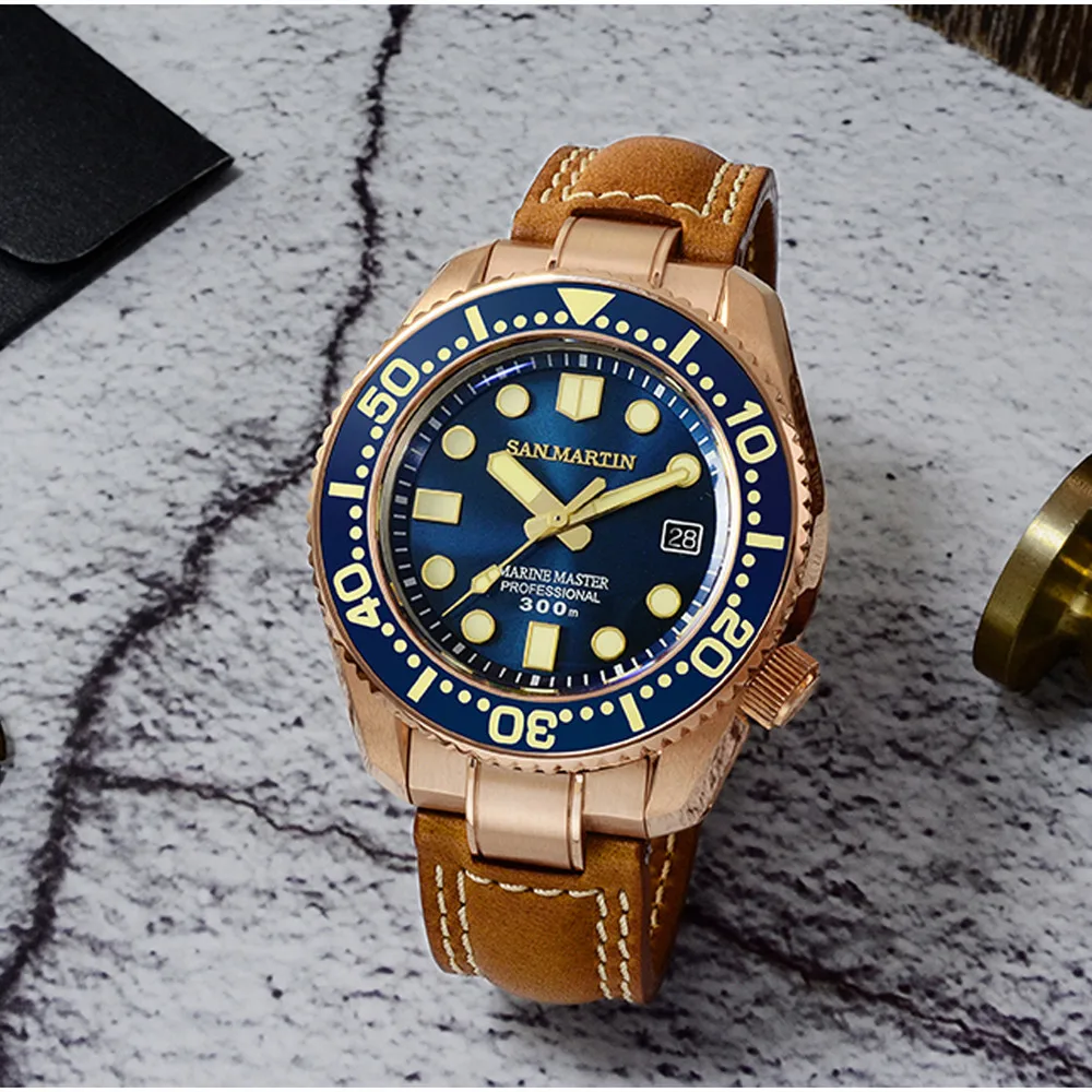 

San Martin Diver Watch CuSn8 Bronze MM300 PT5000 Automatic Men Mechanical Watches Leather 300m Water Resistant Luminous Relojes