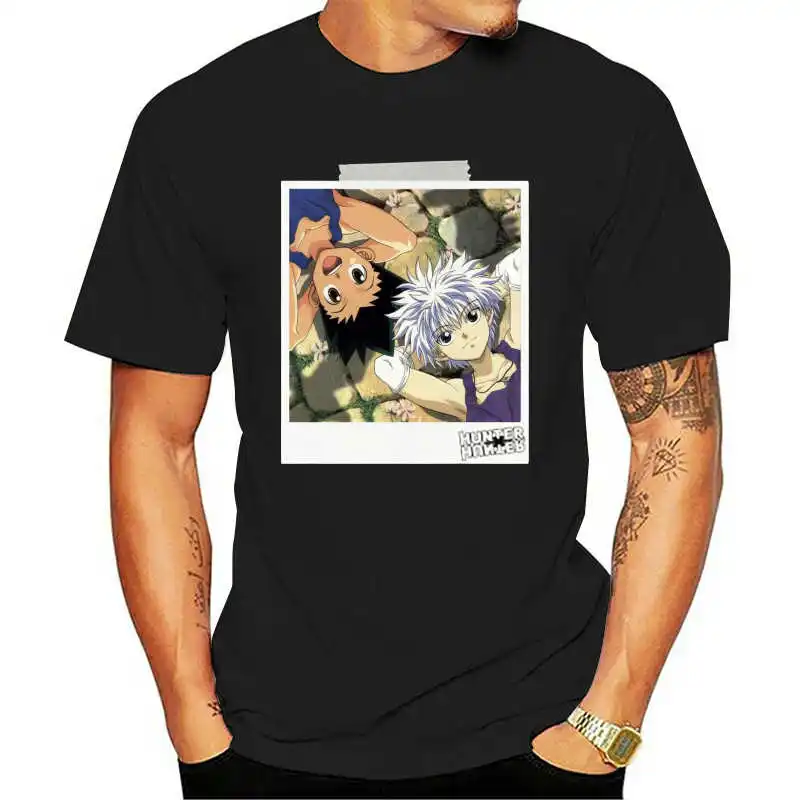 

Hunter x Hunter Smiling Gon Freecss and Killua Zoldyck Black T-shirt Men Tee Shirt Tops Short Sleeve Fitness t Shirts