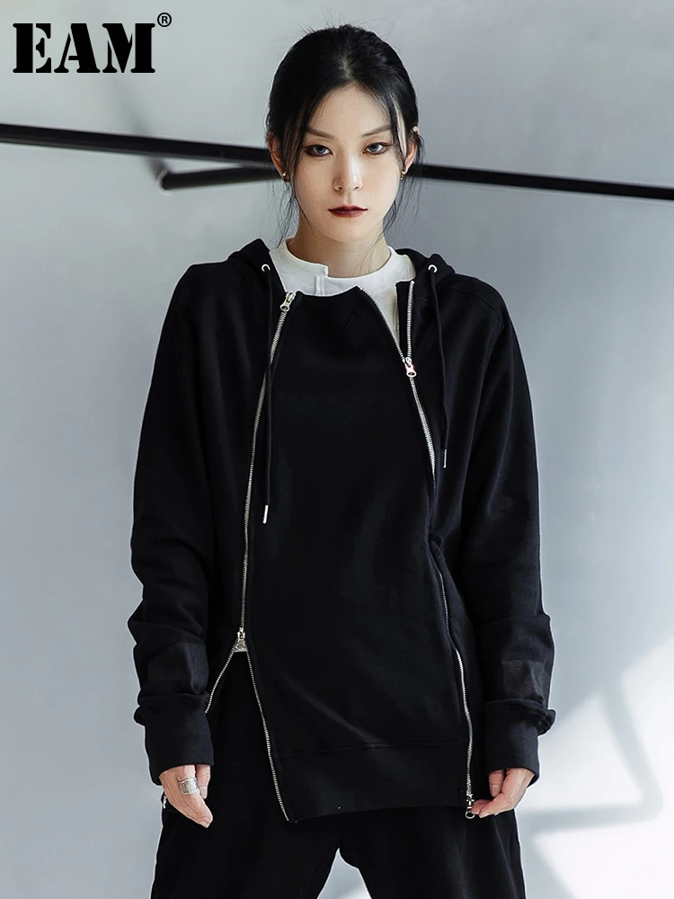 

[EAM] Loose Fit Black Zipper Irregular Sweatshirt New Hooded Long Sleeve Women Big Size Fashion Tide Spring Autumn 2021 1DE3068