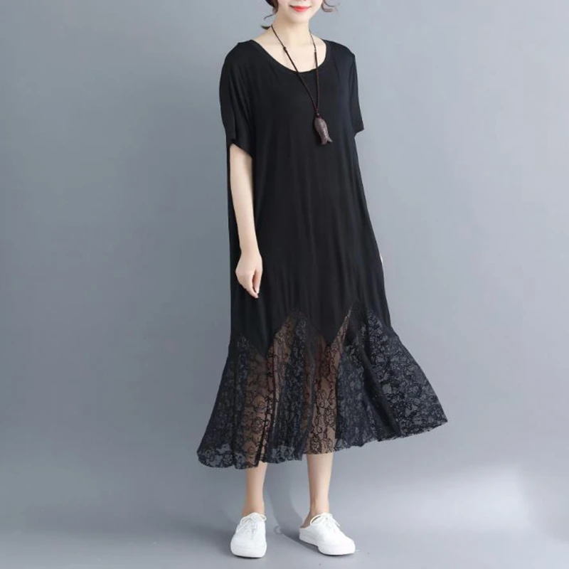 Большая женская 300jin жира мм летнее платье с кружевным плетением и модала длинное