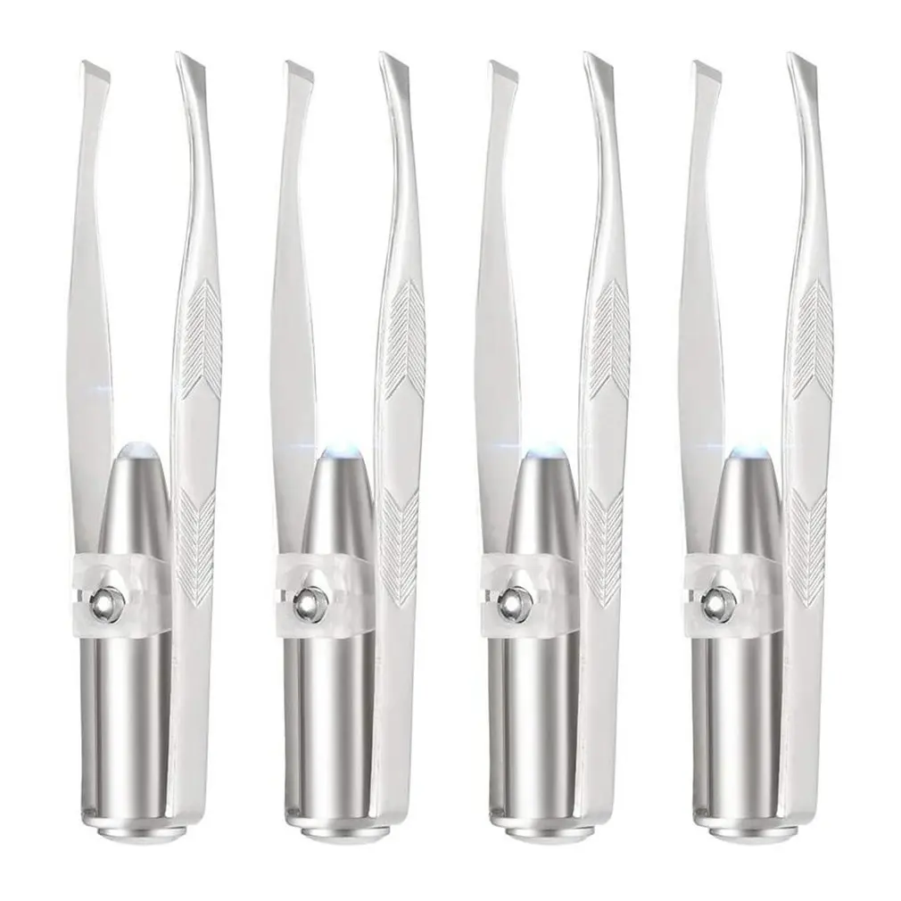 

Spiralization Direct 4 Packs LED Light Tweezers Stainless Steel Slant Eyebrow Tweezers Eyelash Hair Removal Tool