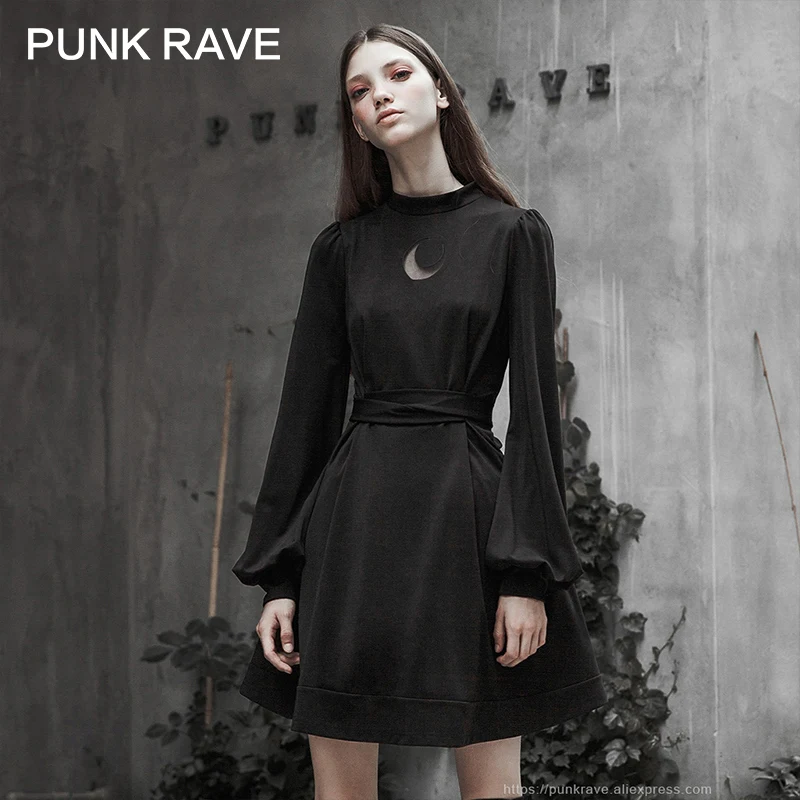 

PUNK RAVE Women's Gothic High Collar Collect Waist Dress Knit Belt Collect Waist Sexy Retro Lantern Sleeve Women Dresses
