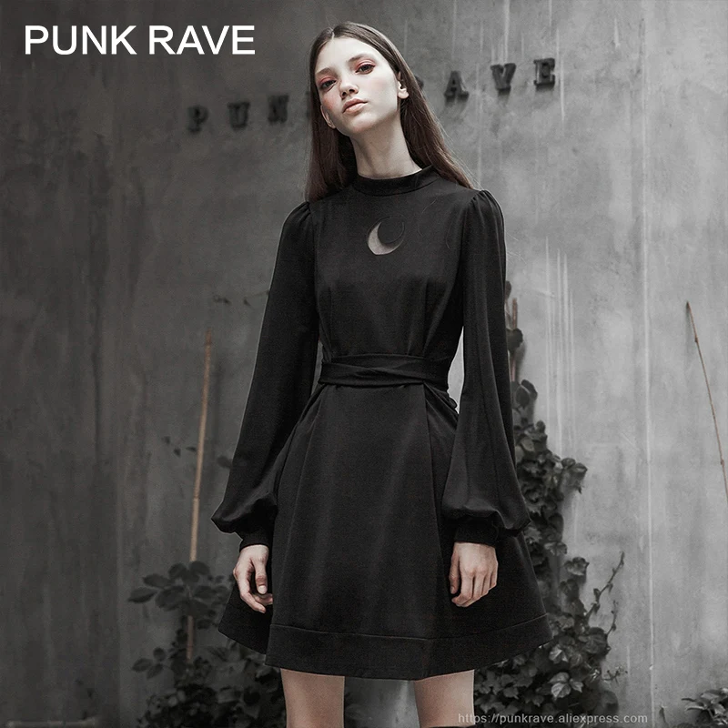 PUNK RAVE Women's Gothic High Collar Collect Waist Dress Knit Belt Sexy Retro Lantern Sleeve Women Dresses | Женская одежда