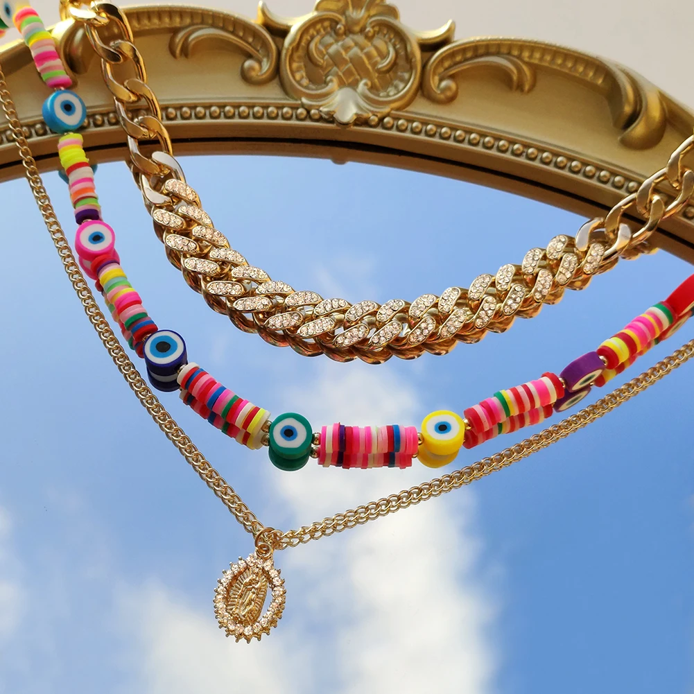 

3Pcs Colorful Clay Evil Eye shiny Rhinestones Cuban Thick Chain Necklaces For Women Multilayer Portrait Pendant Necklace Jewelry