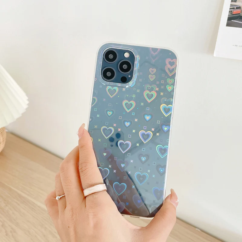 Phone Case For iPhone 13 12 11 Pro X XR XS Max 7 8 Plus SE 2 Luxury Colorful Laser Love Heart Clear Soft IMD For iPhone 12 Case