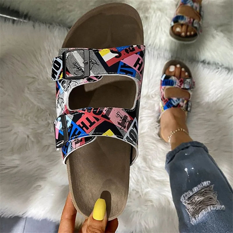 

Women's Graffiti Print Leather Slippers 2021 Summer Cork Buckle Beach Shoes Soft Comfortable Woman Casual Slides Sandalias Mujer