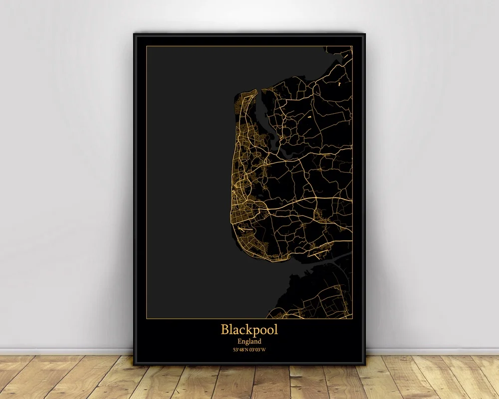 

Черный и золотой город Blackpool, лсветильник гкие карты, настенные плакаты на заказ, печать на холсте в скандинавском стиле, настенное искусств...