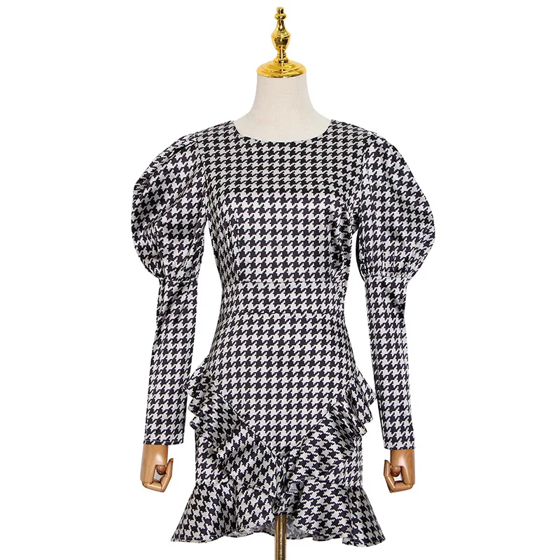 

Small group tide brand summer new elegant simple round neck long repair high waist ruffled dress women tide