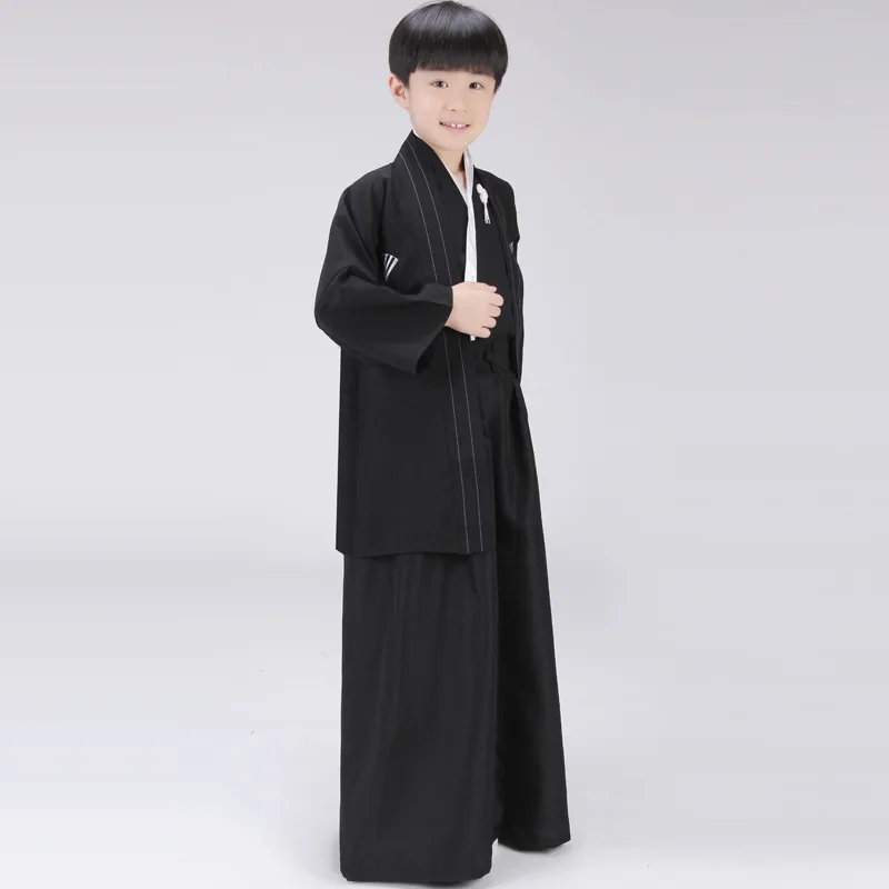 

Japanese Traditional Black Kimono Kid Vintage Oriental Style Yukata Stage Performance Costume For Boys Японская одежда