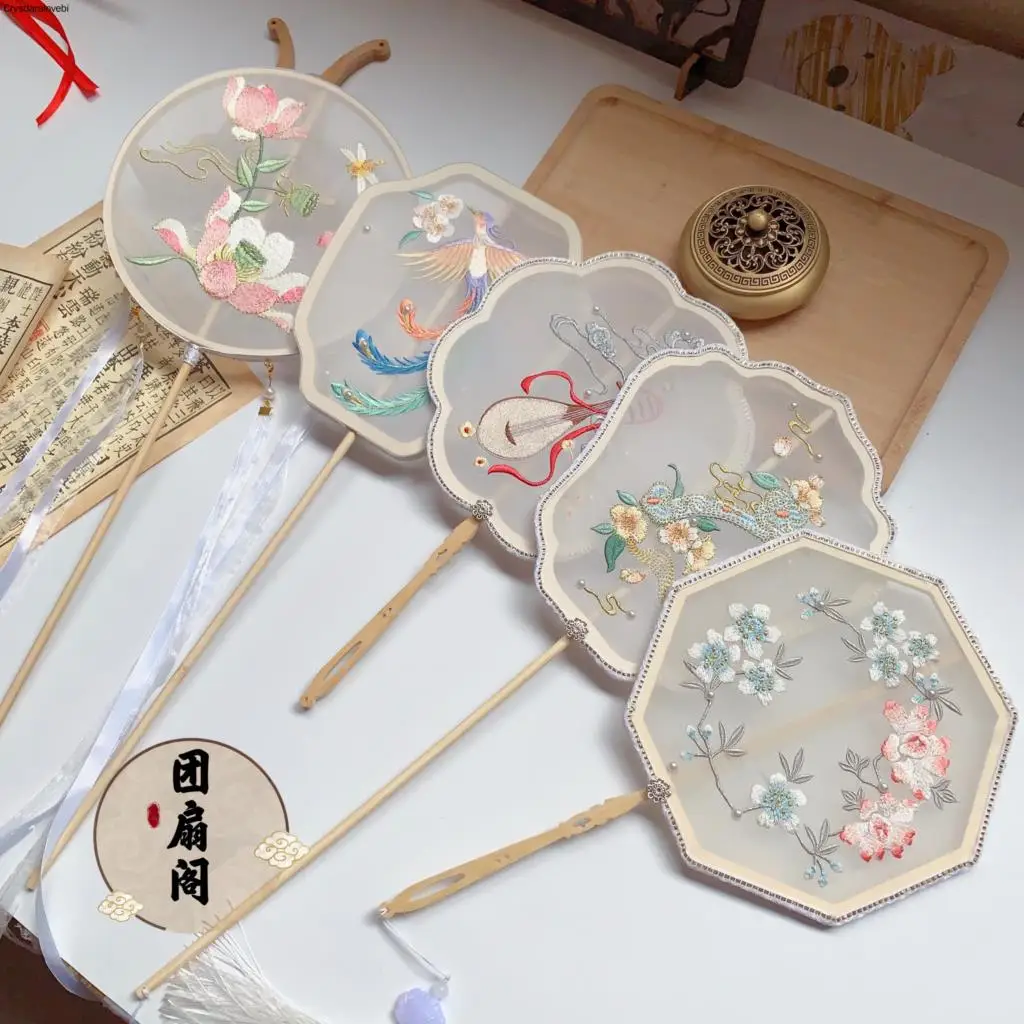 

Chinese Japanese Style Female Round Fans Classical Dance Fan Handheld Circular Vintage Fan with Tassel Pendant