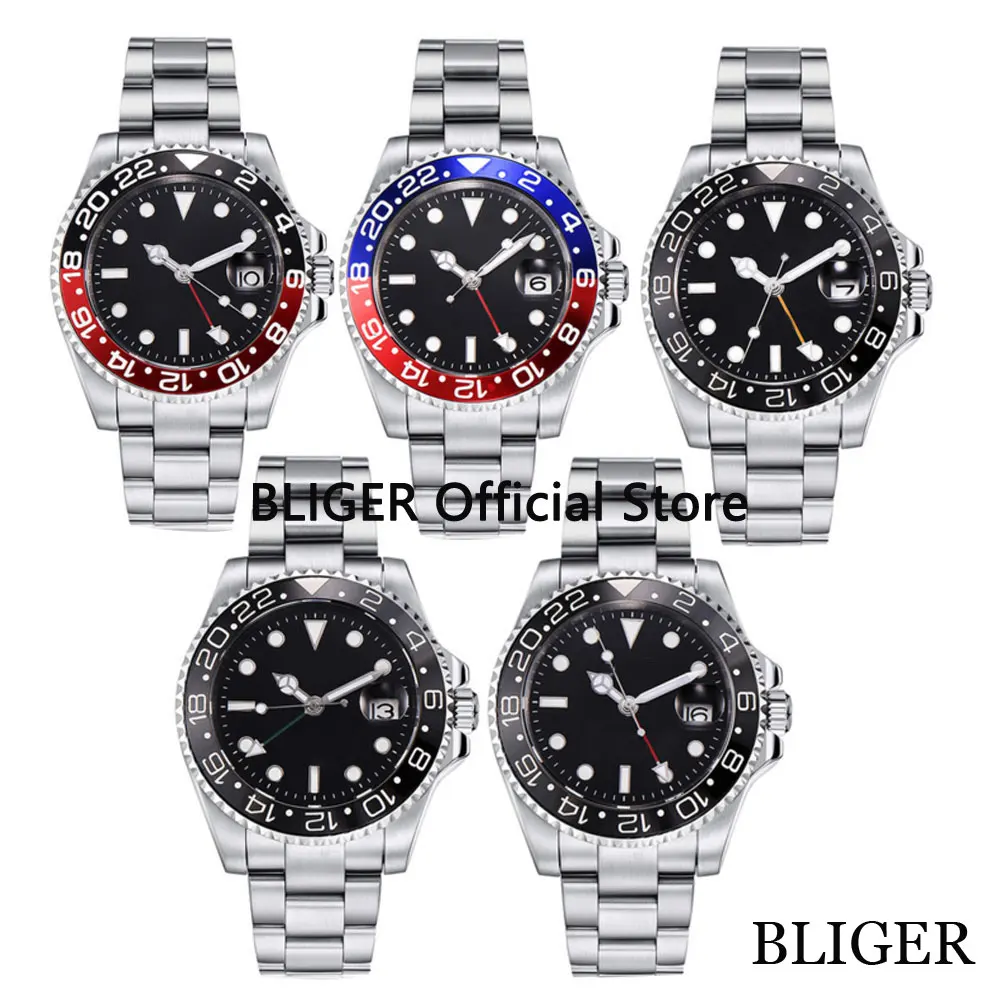 Люксовый бренд BLIGER 40 мм черный циферблат функция GMT нержавеющая сталь сапфировое