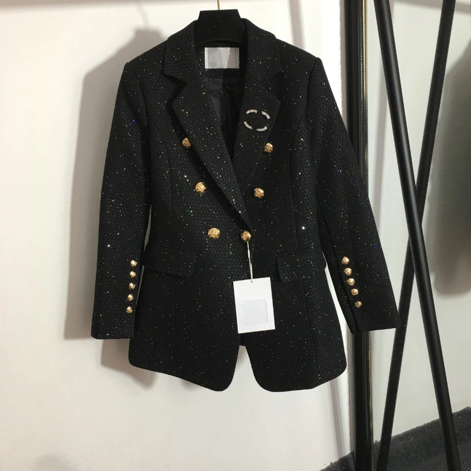 

High Quality Luxury Winter Women Studded Brooch Double-breasted Bright Button Tweed Long-sleeved Slim Long-sleeved Blazer