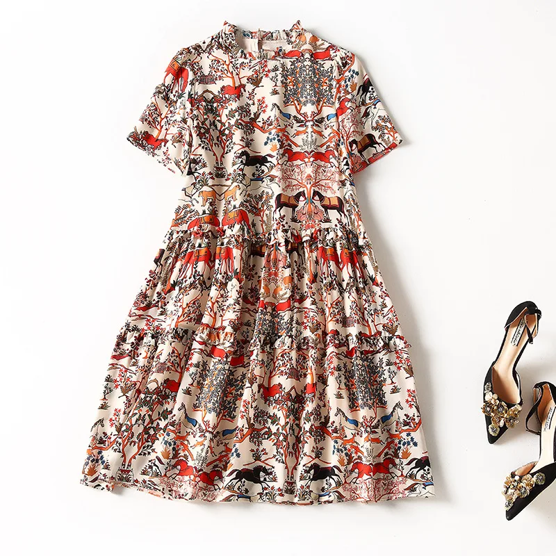 

73289 2021 summer new ear lace horse pattern print loose age reducing silk dress small