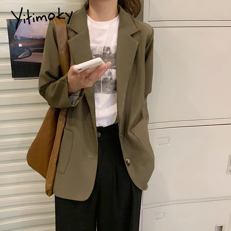 

Женский Осенний Блейзер Yitimoky, новинка 2021, Модные свободные однобортные тонкие черные куртки в корейском офисе с карманами
