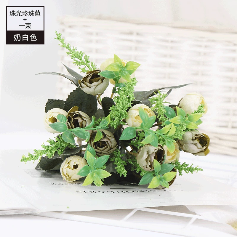 

Fake Flowers Beautiful Pearl Buds Rose Artificial Silk Flowers for Wedding Party Living Room Home Decoration Simulation Bouquet