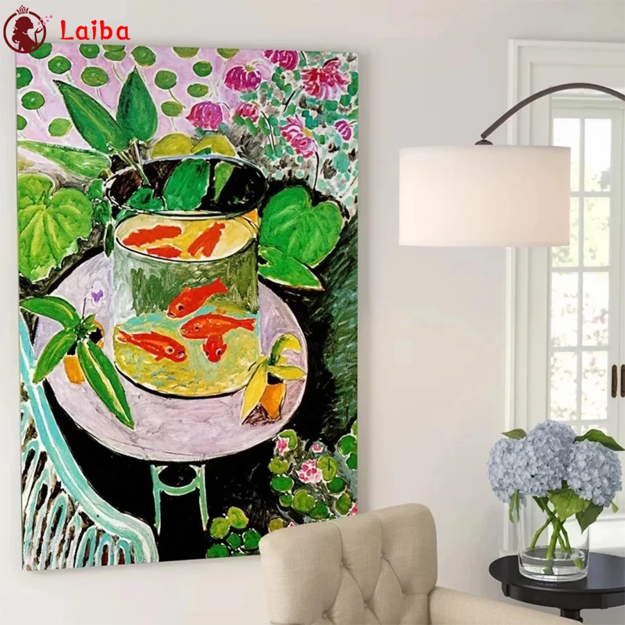 

Diamond Painting Abstract art, painted goldfish leaves 5d Diamond Embroidery Full Display Diamond Mosaic Cross Stitch Decoration
