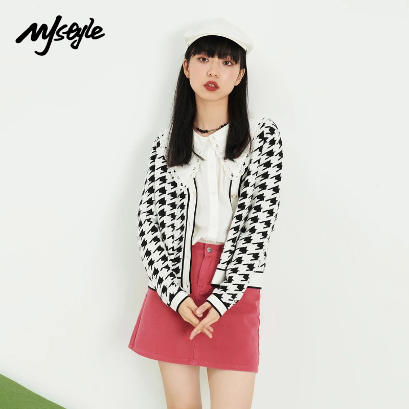 

MJstyle 2021 Fall Winter Houndstooth V-neck Knitted Sweater Cardigan Coat Button Down Women 721190048