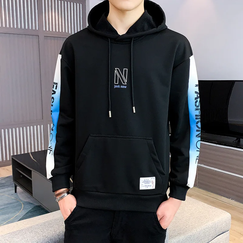 

Autumn new men's casual hooded sweater Korean version of the trend stitching printing long-sleeved sweater men's clothing