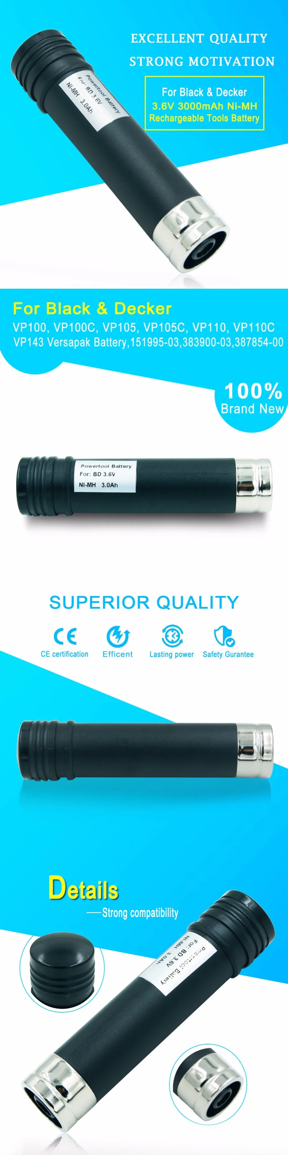 2 шт 3,6 V 3000mAh Сменный никель-металлогидридный аккумулятор Аккумулятор для Black& Decker Versapak VP100, VP100C, VP105, VP105C, VP110, VP110C, VP143