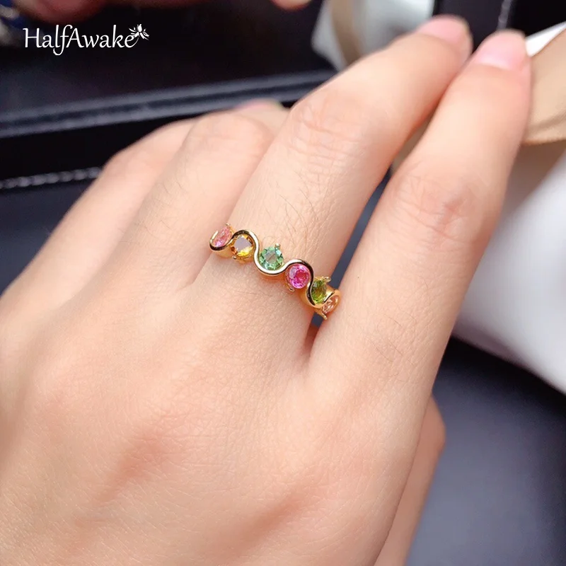 

Semi Precious Tourmaline Zircon Rainbow Ring Korean Style Adjustable Gold Color Ring For Women Girls Gift Jewelry 2021 Trend