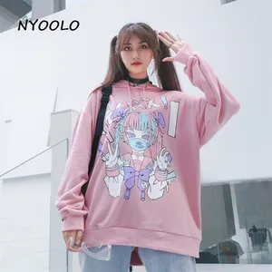 Женская толстовка с капюшоном NYOOLO, в стиле японских комиксов, с длинным рукавом, в стиле Харадзюку, осенняя, уличная, свободная, махровая