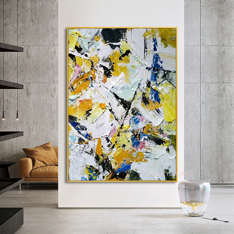 

Blue Green Yellow Gold Plant Leaf Abstract Poster Canvas Handmade Wall Art Painting Modern Picture Living Room Decoration