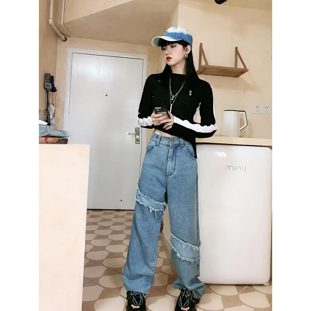 

Jasmine Street hip-hop straight jean with tassel edge stitching and sagging jeans are loose and thin for women