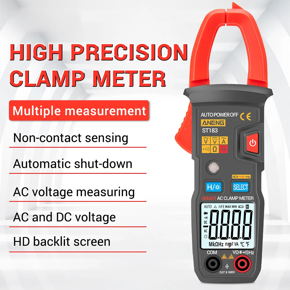 

ST183 Digital Clamp Multimeter Tester AC Current 6000 Counts True RMS DC/AC Voltage Capacitance Hz NCV Ohm Tester With Test Lead