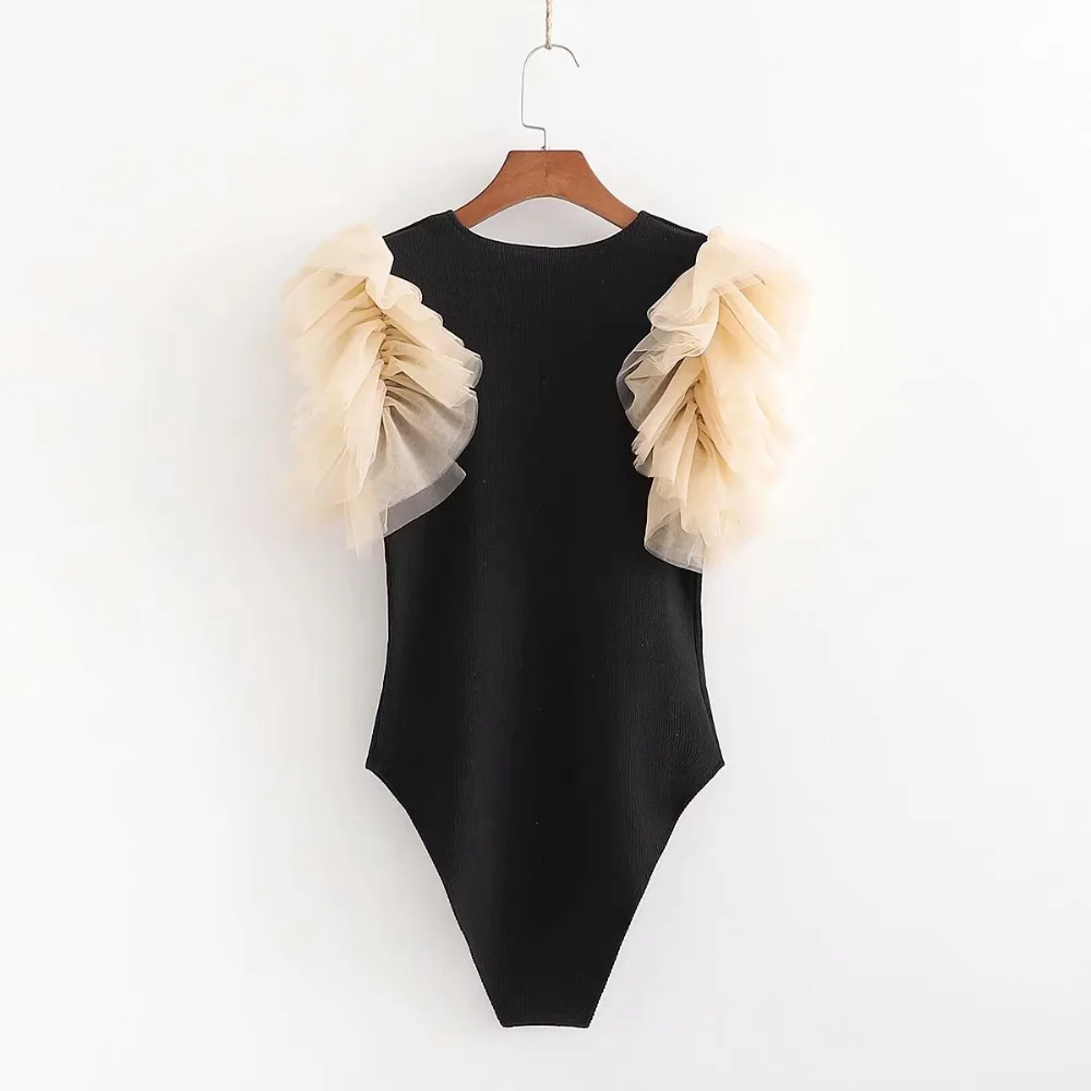 Ribbed Knit Sexy Bodysuit Women Tulle Sleeve Round Neck Vintage Black Tops Body mujer | Женская одежда