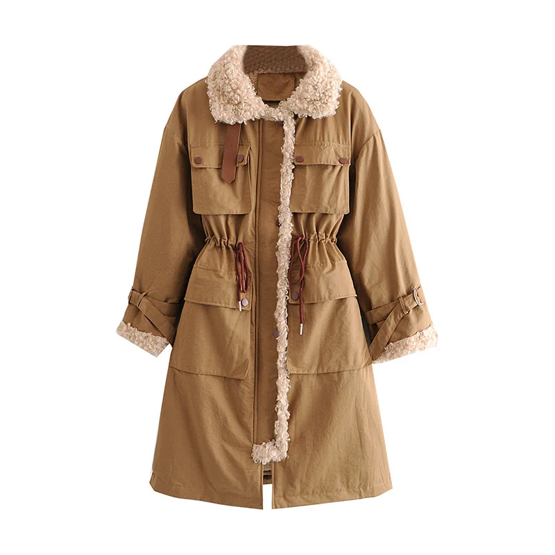 

Fitaylor New Winter Lambswool Inner Lining Cotton Long Jacket Women Thick Snow Warm Coat Loose Splicing Outwear Adjustable Waist