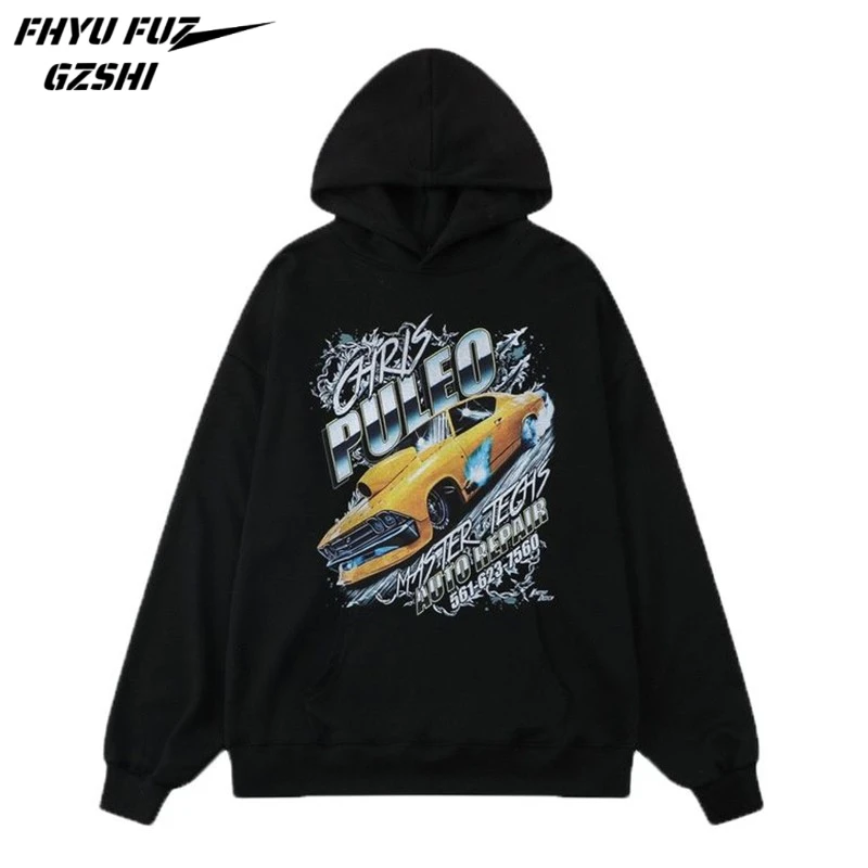 

Black Tops Streetwear 2022 Mens Edgy Punk Vintage Loose Long Sleeve Hoodies Sports Car Print Pullovers Women Cotton Hoodies WY15