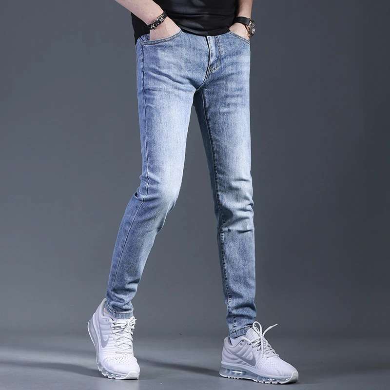 Summer Casual Pure Blue Jeans Men Korean Style Slim Fit Pencil Pants Streetwear Denim Trousers