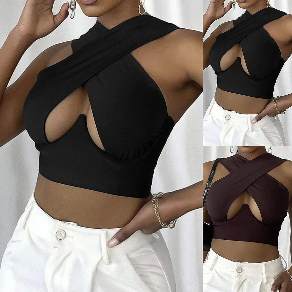 

Hollow Out Tank Top for Women Sexy Short Crop Tops Brown Crossover Black Clothes 2021 Fashion New Summer Streetwear