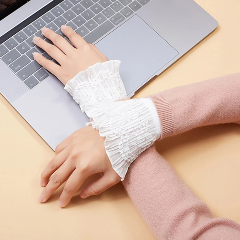 Women Winter Double Layer Horn Cuffs Hollow Out Floral Lace Wrinkled Ruffled Fake Sleeves Sunscreen Detachable Wrist Warmer |