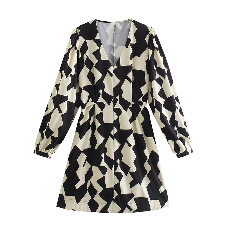

Женское осеннее мини-платье Unizera 2021 Za с V-образным вырезом и геометрическим узором