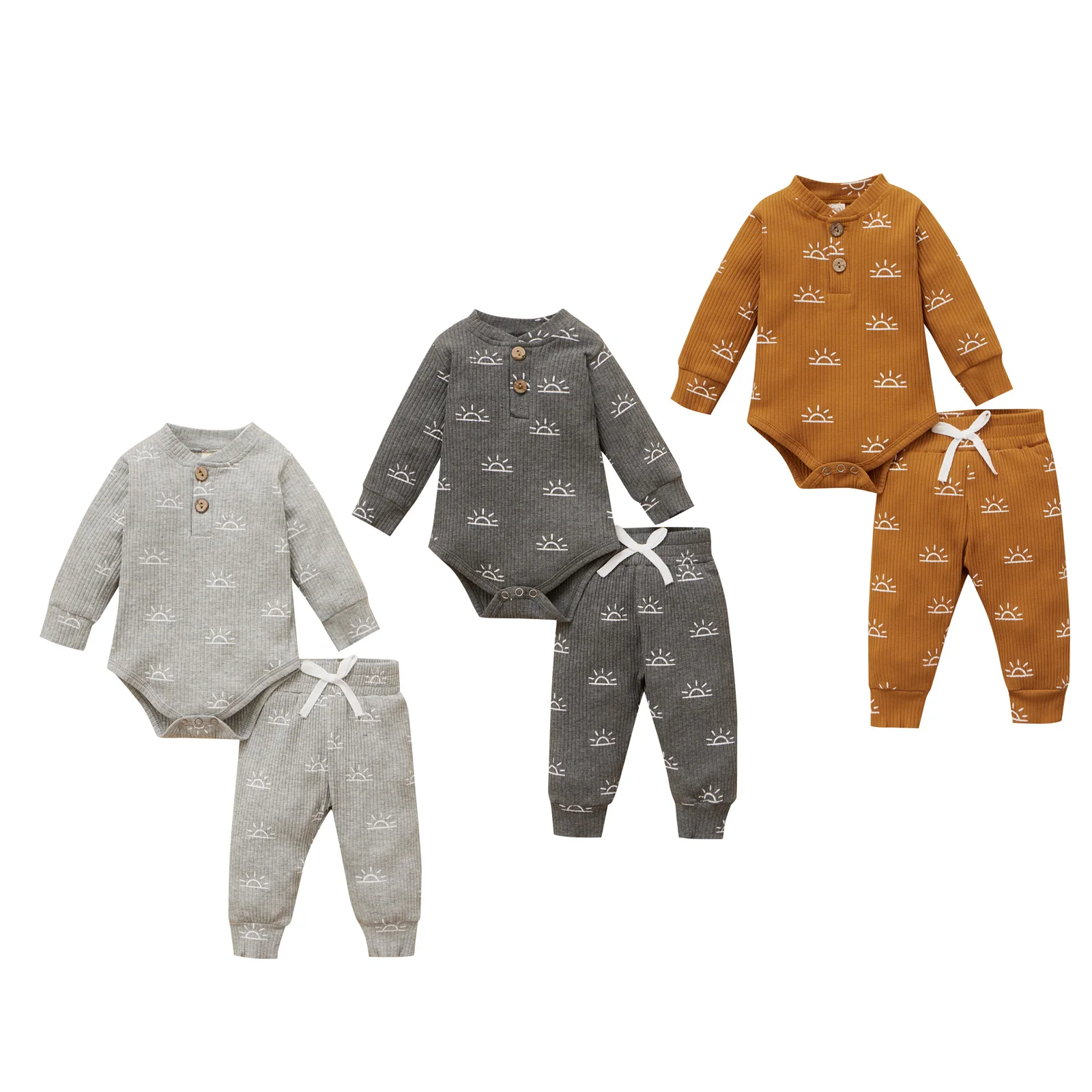 

Bmnmsl 2Pcs Toddler Autumn Outfits Sun Print Henley Neck Long Sleeve Romper + Casual Pants Sets for Baby Girls Boys, 0-18 Months