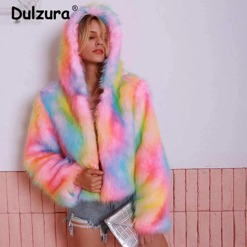 Youth Girls Rainbow Hooded Faux Fur Jacket Coats 2019 Autumn Winter Thick Warm Fluffy Overcoat Fashion Street Outerwear | Женская одежда