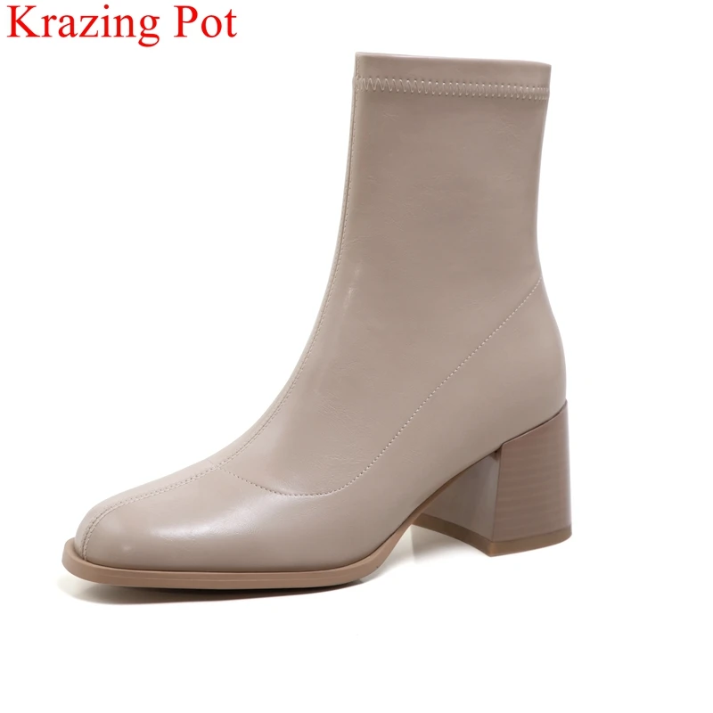 

Krazing Pot fashion concise high heels stretch boots warm winter shoes zipper solid nightclub elegant office lady ankle boots
