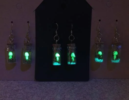 

Mushroom Terrarium Dangle Earrings - Glow in the Dark Mushrooms In A Bottle