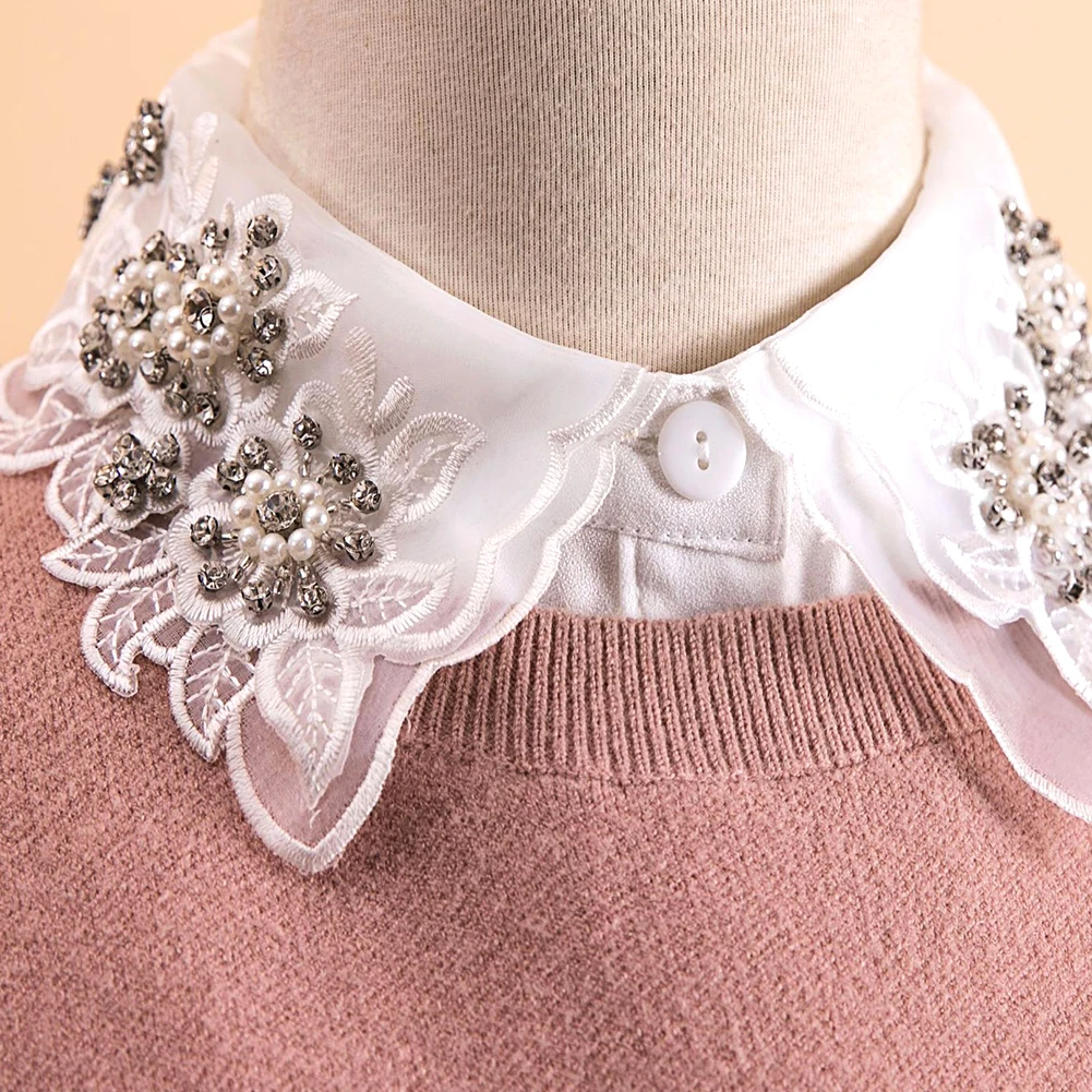 

V-neck Detachable Multifunction Stand Beads Lace Women Fake Collar Washable Comfortable Replacement Lapel Blouse Sweater