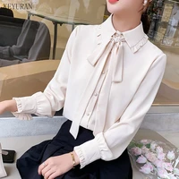 women chiffon shirts apricot blouses vintage korean 2021 spring sweet bow long sleeve loose ladies blouse office lady sweet