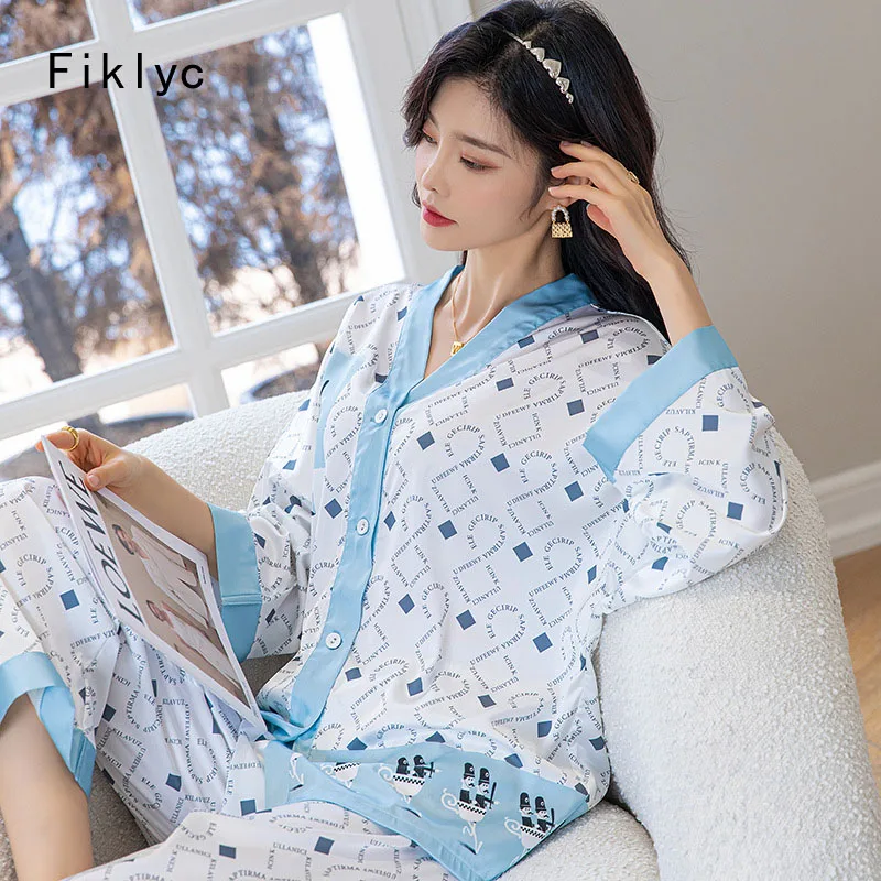 

Fiklyc Female V Neck Simple Plaid Design Satin Pajamas Sets 2022 New Spring Full Sleeve Cardigan Leisure Nightwear