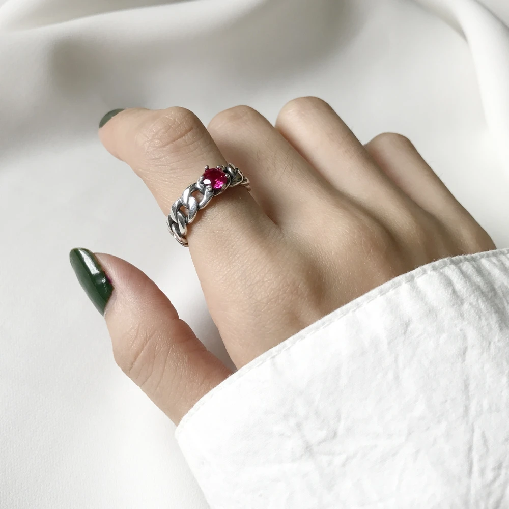 Minimalist Vintage 925 Sterling Silver Retro Curb Chain Solitaire Ruby Diamond Engagement Rings Girls Black Agate Open Ring | Украшения и