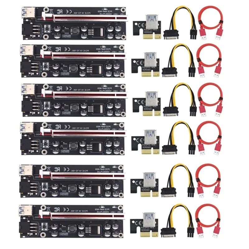 

6pcs VER009 Plus USB3.0 PCI-E Riser VER 009S Express 1x 4x 8x 16x Extender PCIe Riser Card Adapter SATA 15pin to 6pin Power