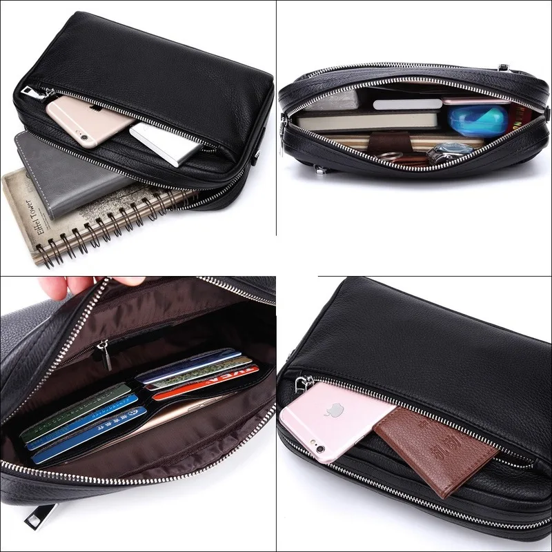 Men's Business Clutch Wallet Shoulder Bag Diagonal Leather Wrist Money Genuine Zipper |
